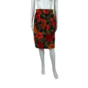 Vintage 90s Hawaiian Skirt Women's Small Orange Hibiscus Tropical Silk Sarong